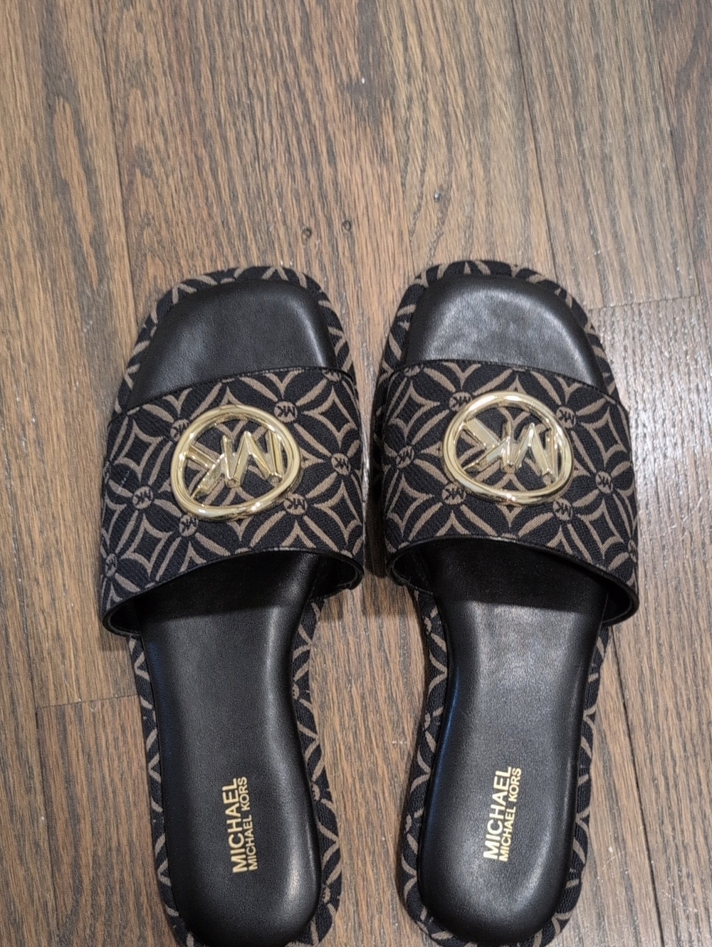 Michael Kors Black Patterned Slide Sandals with Gold Medallion